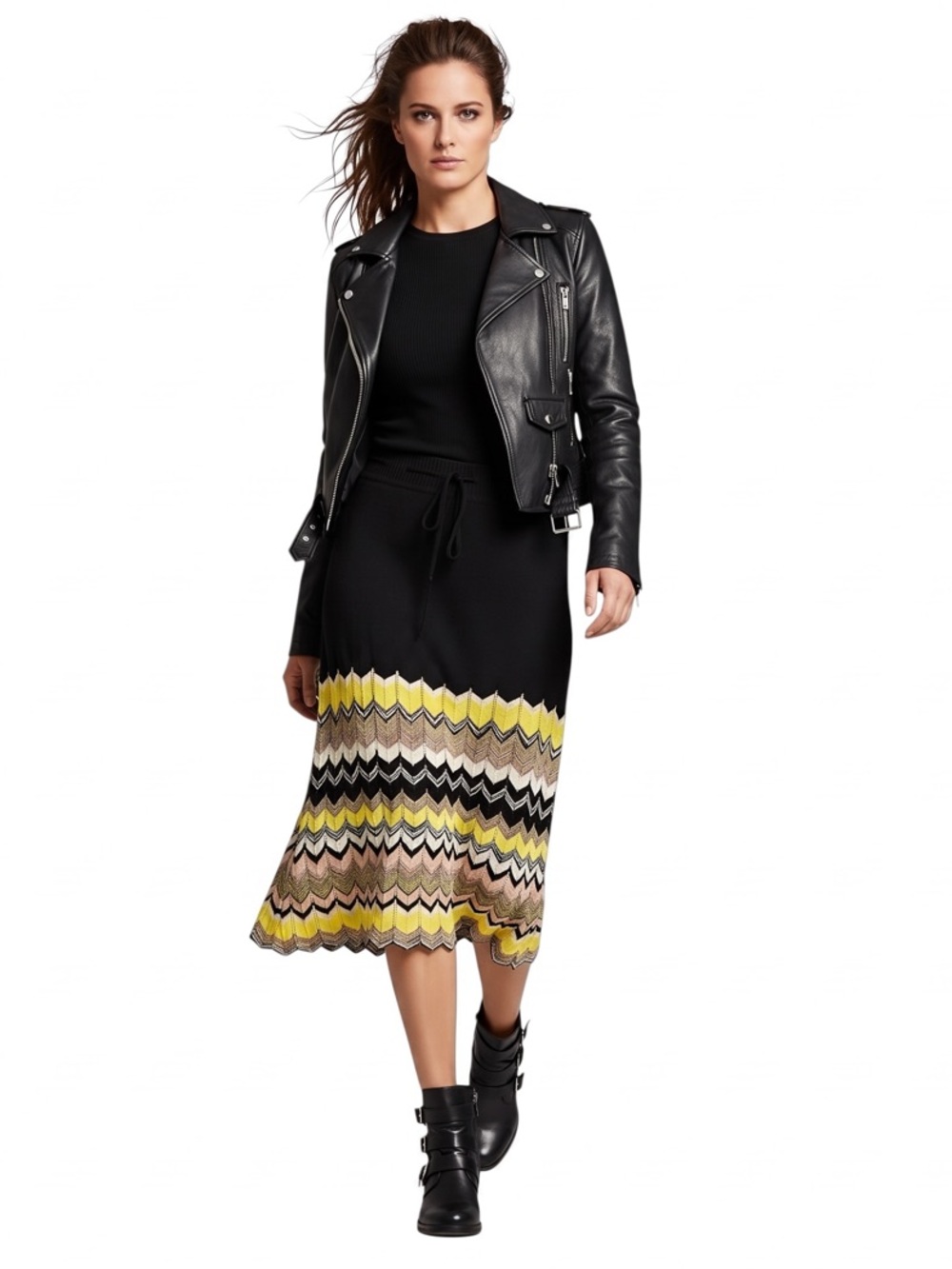 M Missoni Black Chevron Zig Zag Knit Midi Skirt Luxury Boho M